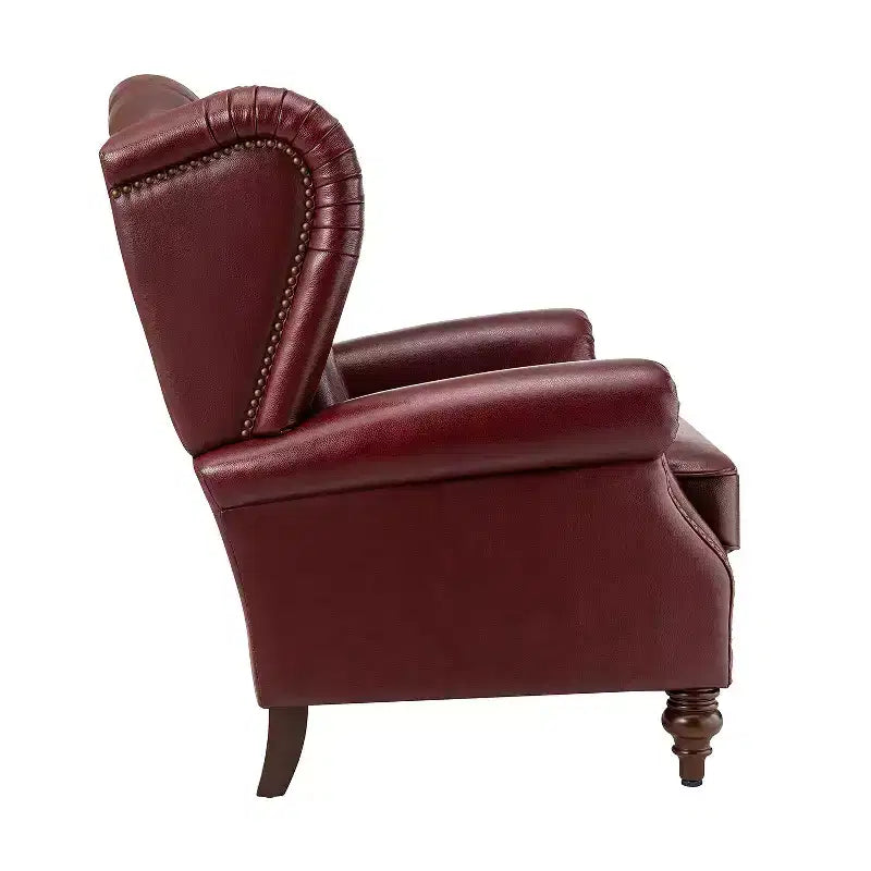 Poltrona Wingback monoposto in vera pelle nera / marrone / bordeaux / cammello / blu navy, con borchie decorative