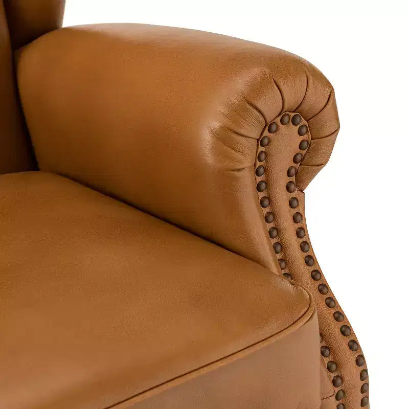 Poltrona Wingback monoposto in vera pelle nera / marrone / bordeaux / cammello / blu navy, con borchie decorative