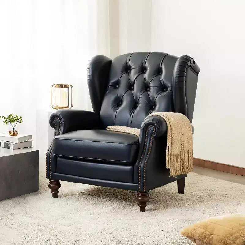 Poltrona Wingback monoposto in vera pelle nera / marrone / bordeaux / cammello / blu navy, con borchie decorative