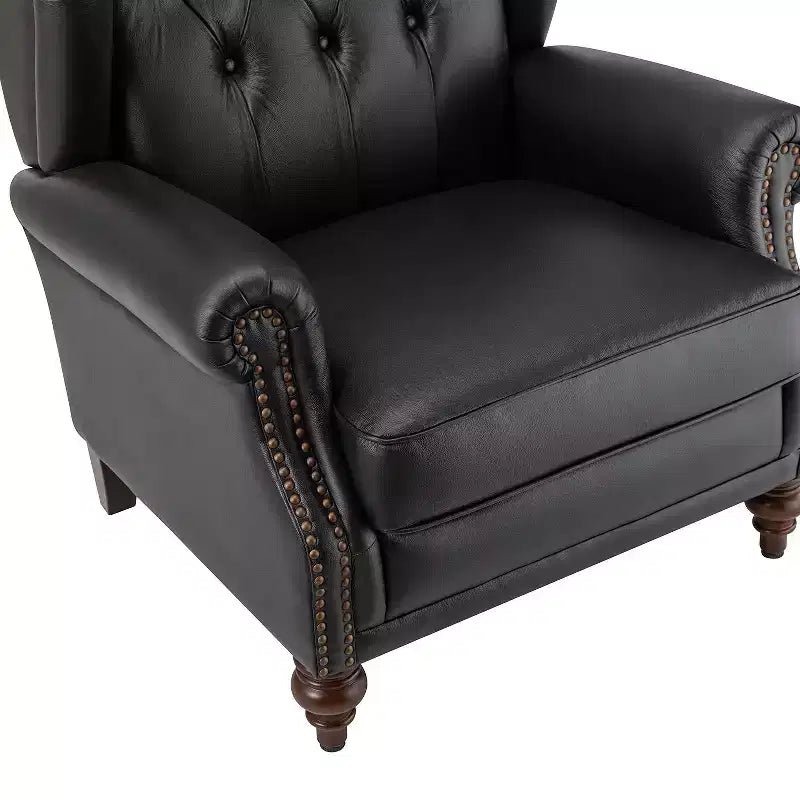 Poltrona Wingback monoposto in vera pelle nera / marrone / bordeaux / cammello / blu navy, con borchie decorative