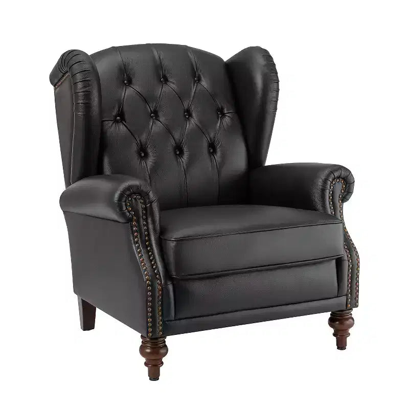 Poltrona Wingback monoposto in vera pelle nera / marrone / bordeaux / cammello / blu navy, con borchie decorative