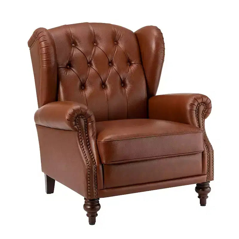 Poltrona Wingback monoposto in vera pelle nera / marrone / bordeaux / cammello / blu navy, con borchie decorative