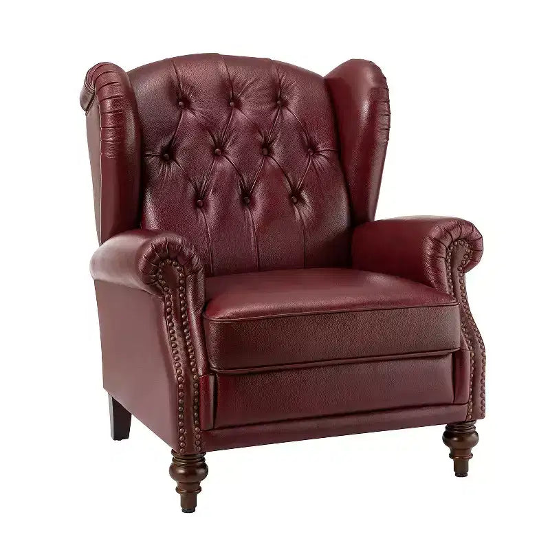 Poltrona Wingback monoposto in vera pelle nera / marrone / bordeaux / cammello / blu navy, con borchie decorative