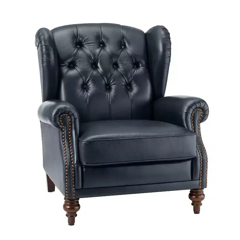 Poltrona Wingback monoposto in vera pelle nera / marrone / bordeaux / cammello / blu navy, con borchie decorative