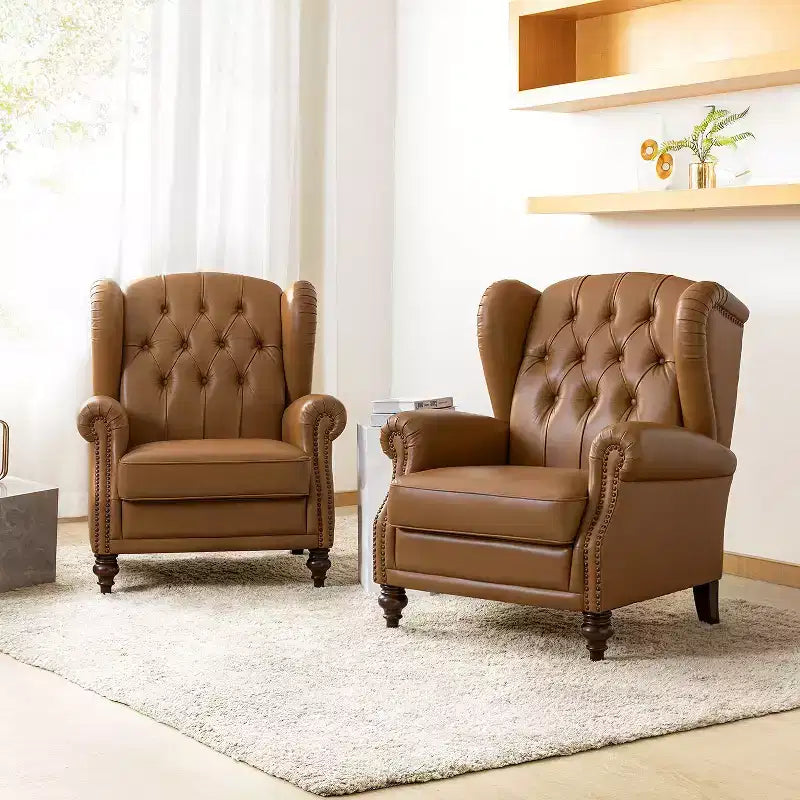 Poltrona in vera pelle con schienale alto (wingback), set da 2, nera/marrone/bordeaux/cammello/blu scuro