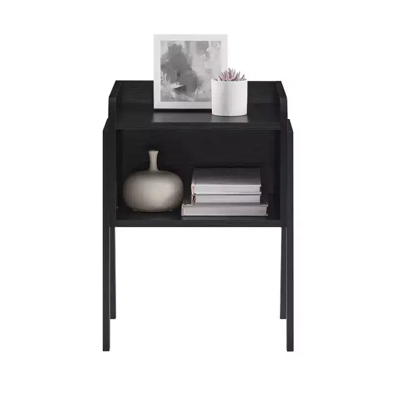 Tavolino nero/noce stile Mid-Century con scomparto aperto, 1 pezzo