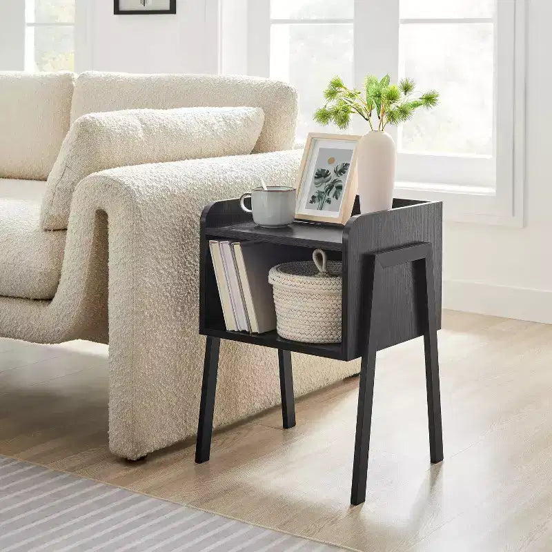 Tavolino nero/noce stile Mid-Century con scomparto aperto, 1 pezzo