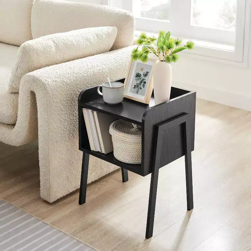 Tavolino nero/noce stile Mid-Century con scomparto aperto, 1 pezzo