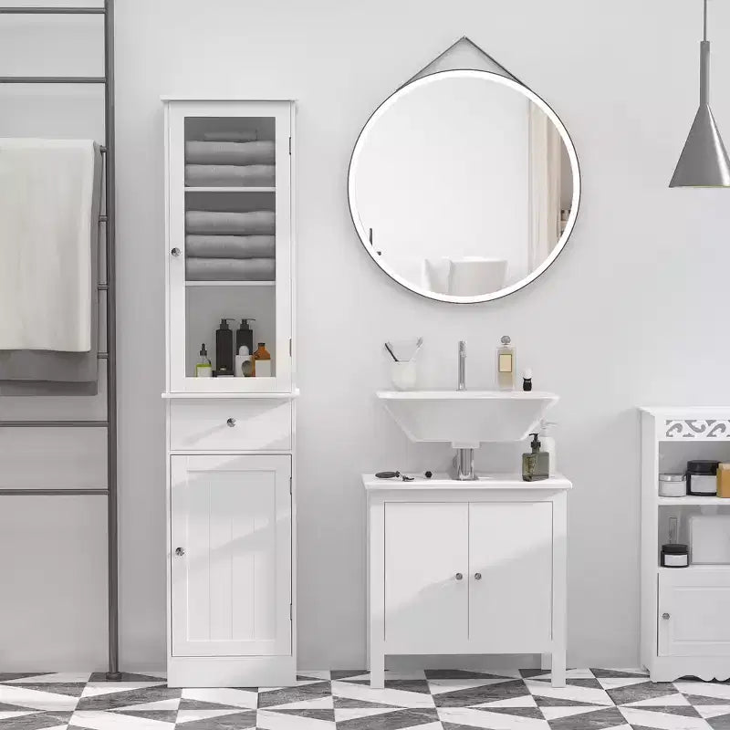 Mobiletto contenitore per bagno stretto grigio/bianco, anta in acrilico, cassetto e 5 ripiani, 1 persona
