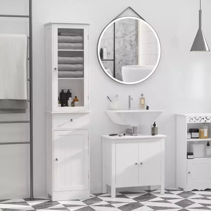 Mobiletto contenitore per bagno stretto grigio/bianco, anta in acrilico, cassetto e 5 ripiani, 1 persona