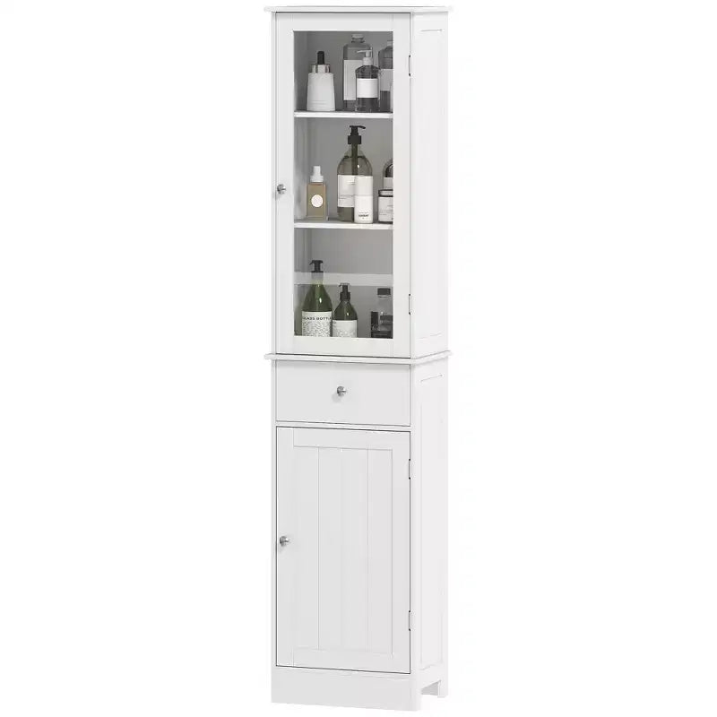 Mobiletto contenitore per bagno stretto grigio/bianco, anta in acrilico, cassetto e 5 ripiani, 1 persona