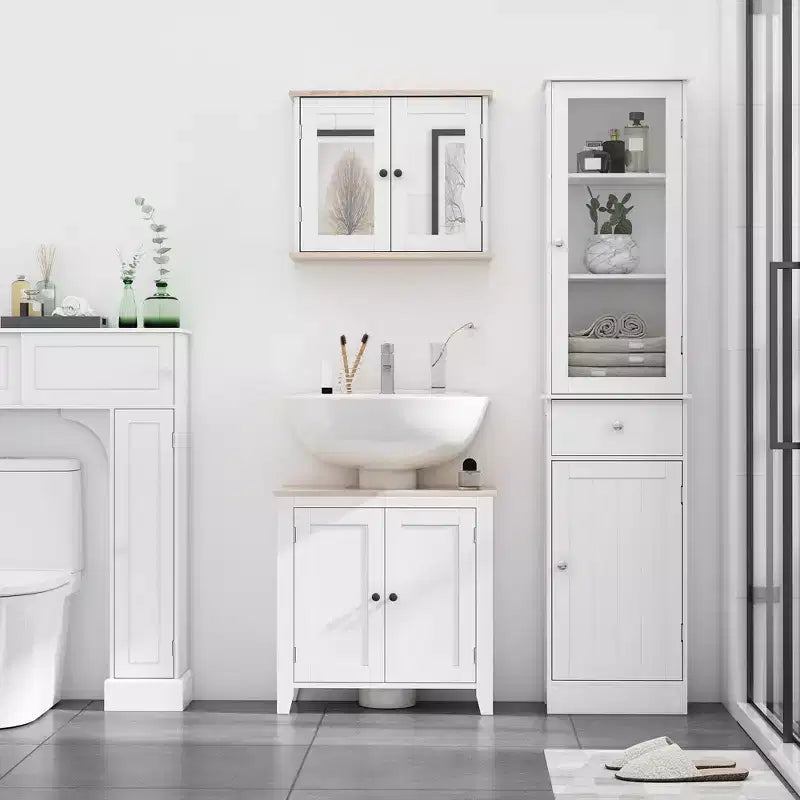 Mobiletto contenitore per bagno stretto grigio/bianco, anta in acrilico, cassetto e 5 ripiani, 1 persona