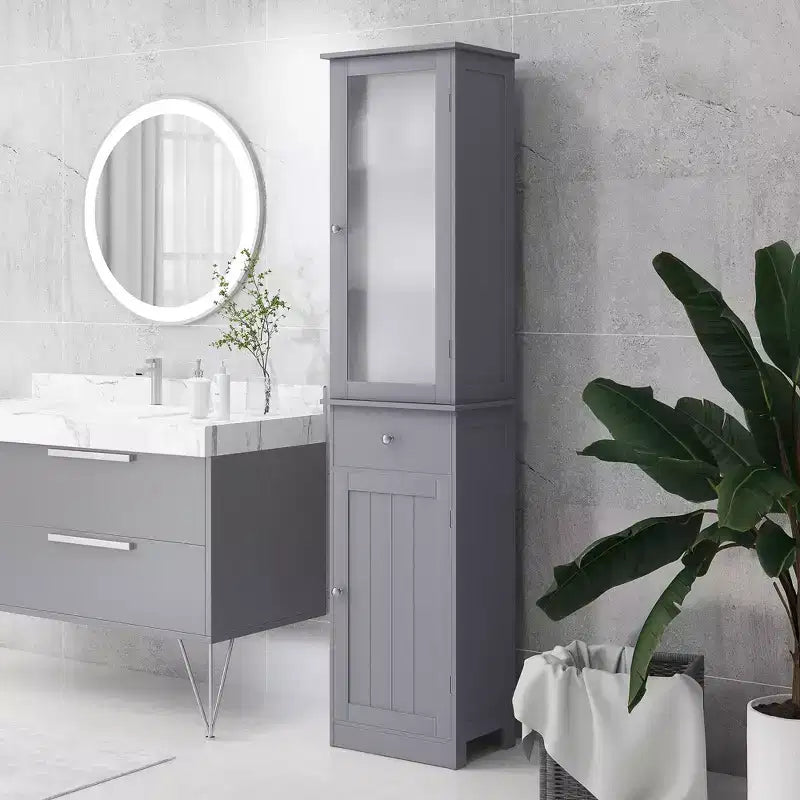 Mobiletto contenitore per bagno stretto grigio/bianco, anta in acrilico, cassetto e 5 ripiani, 1 persona