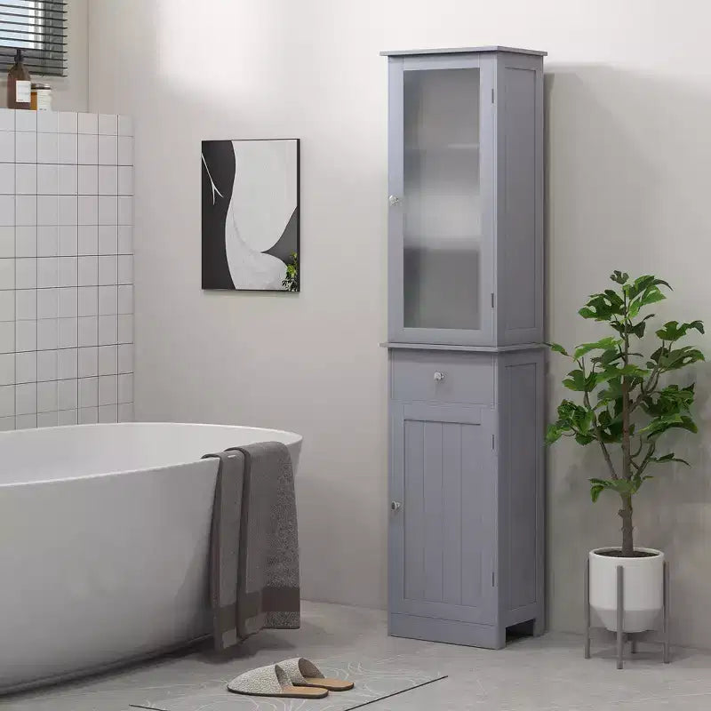 Mobiletto contenitore per bagno stretto grigio/bianco, anta in acrilico, cassetto e 5 ripiani, 1 persona