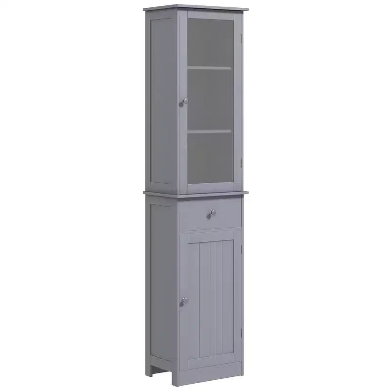 Mobiletto contenitore per bagno stretto grigio/bianco, anta in acrilico, cassetto e 5 ripiani, 1 persona