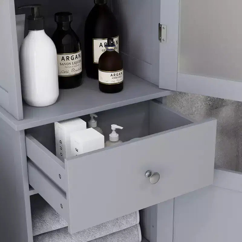 Mobiletto contenitore per bagno stretto grigio/bianco, anta in acrilico, cassetto e 5 ripiani, 1 persona