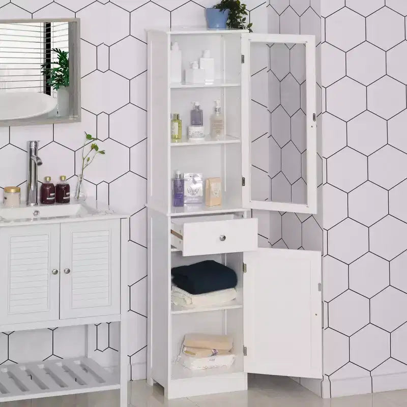 Mobiletto contenitore per bagno stretto grigio/bianco, anta in acrilico, cassetto e 5 ripiani, 1 persona