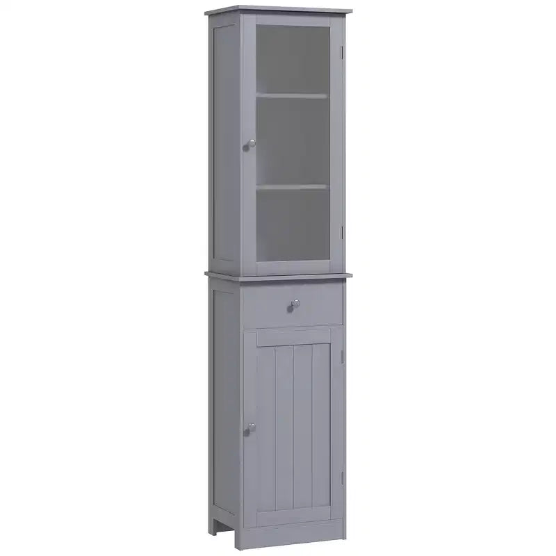 Mobiletto contenitore per bagno stretto grigio/bianco, anta in acrilico, cassetto e 5 ripiani, 1 persona
