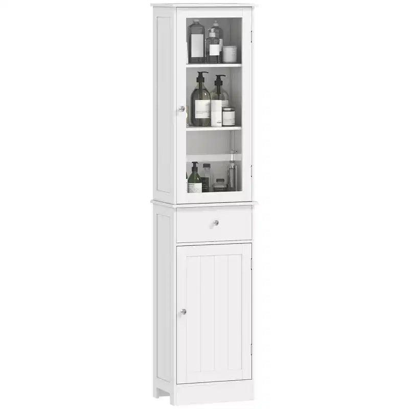 Mobiletto contenitore per bagno stretto grigio/bianco, anta in acrilico, cassetto e 5 ripiani, 1 persona