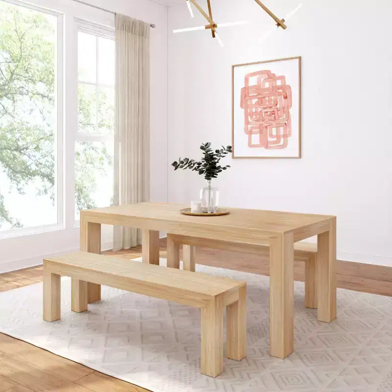 Set tavolo da pranzo in legno massello spazzolato con 2 panche per 6 persone