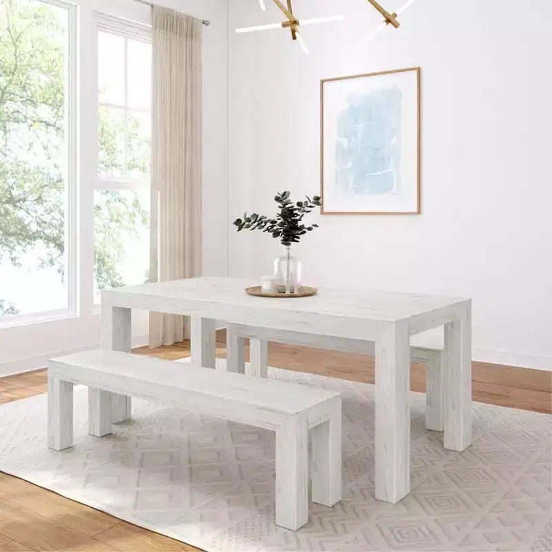 Set tavolo da pranzo in legno massello spazzolato con 2 panche per 6 persone