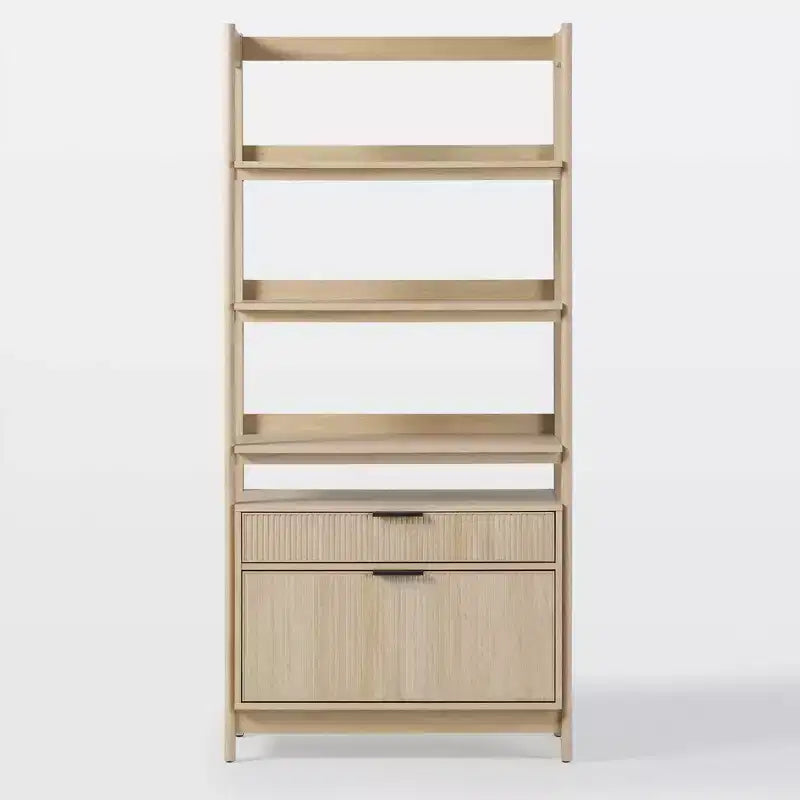 Libreria scanalata da 70", nero / rovere costiero, 3 ripiani con 2 cassetti
