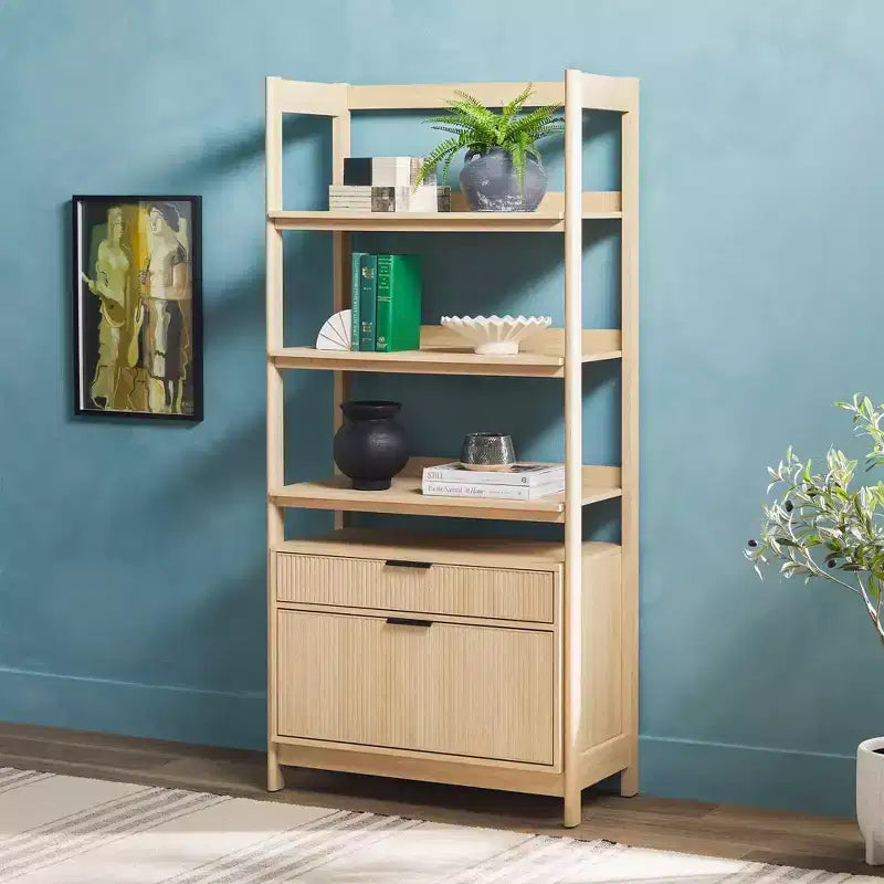 Libreria scanalata da 70", nero / rovere costiero, 3 ripiani con 2 cassetti