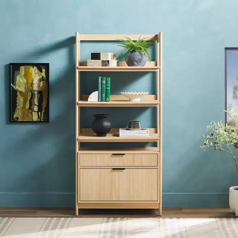 Libreria scanalata da 70", nero / rovere costiero, 3 ripiani con 2 cassetti