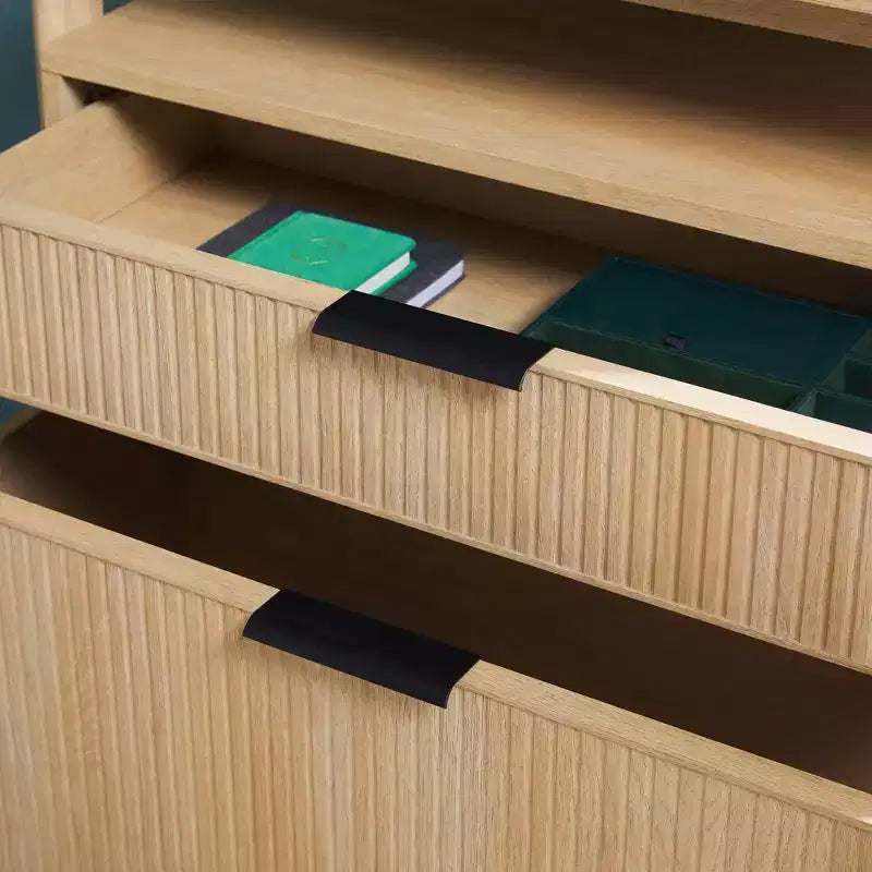 Libreria scanalata da 70", nero / rovere costiero, 3 ripiani con 2 cassetti
