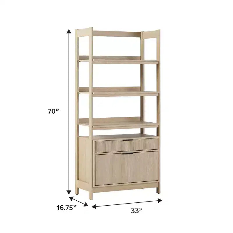 Libreria scanalata da 70", nero / rovere costiero, 3 ripiani con 2 cassetti