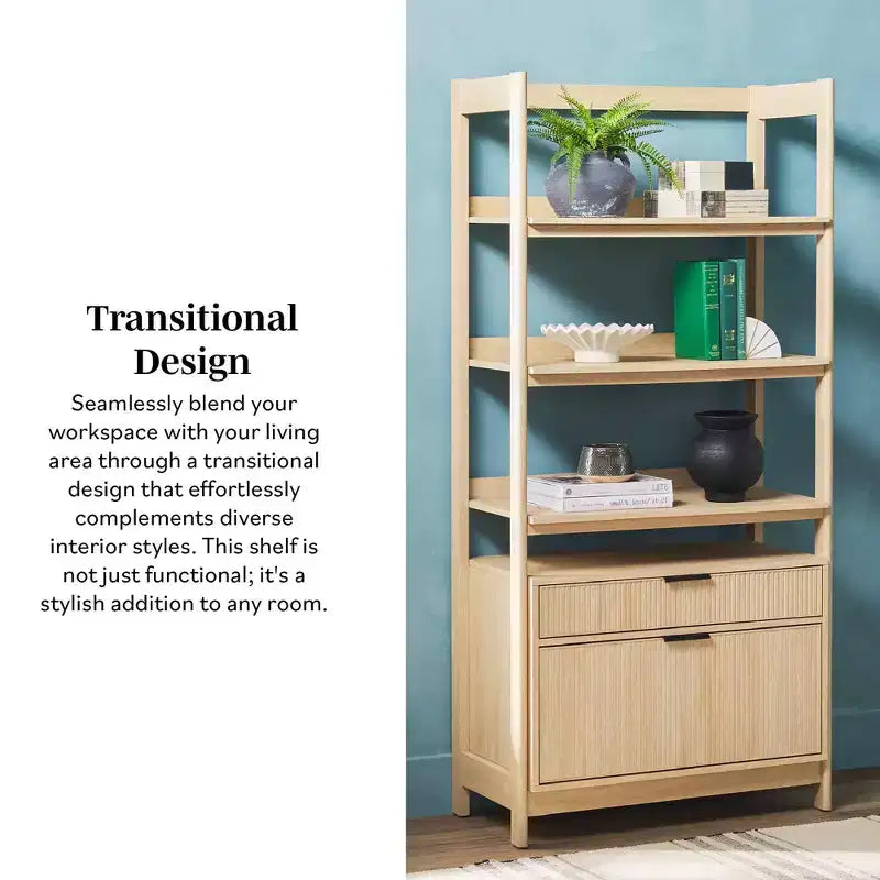 Libreria scanalata da 70", nero / rovere costiero, 3 ripiani con 2 cassetti