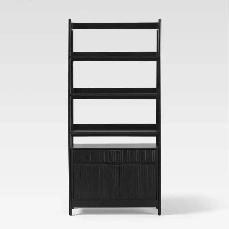 Libreria scanalata da 70", nero / rovere costiero, 3 ripiani con 2 cassetti