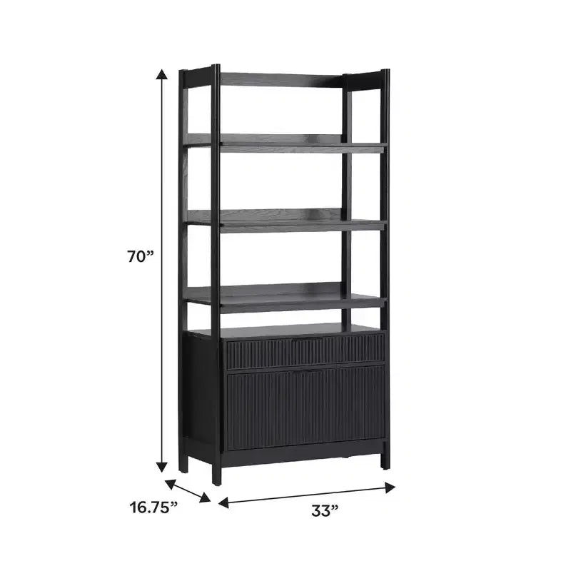 Libreria scanalata da 70", nero / rovere costiero, 3 ripiani con 2 cassetti