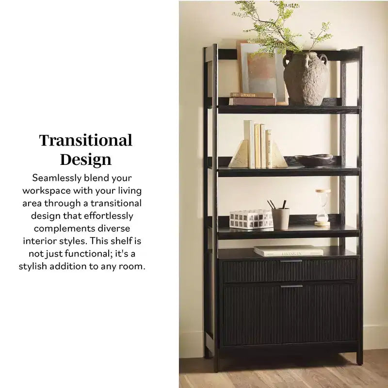 Libreria scanalata da 70", nero / rovere costiero, 3 ripiani con 2 cassetti