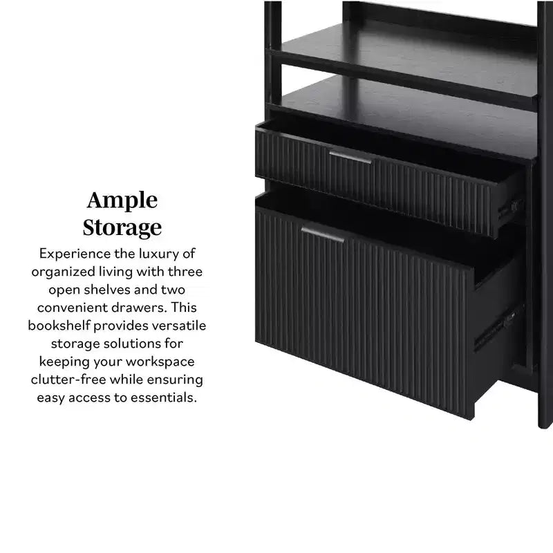 Libreria scanalata da 70", nero / rovere costiero, 3 ripiani con 2 cassetti