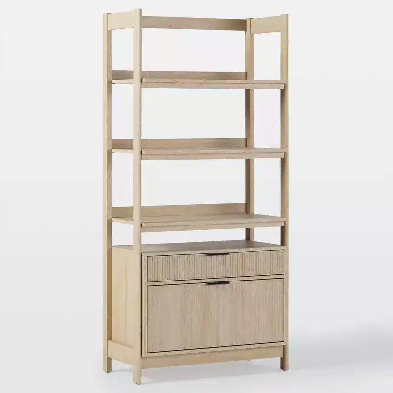 Libreria scanalata da 70", nero / rovere costiero, 3 ripiani con 2 cassetti
