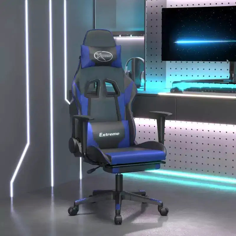 Sedia da gaming nera e blu in similpelle con poggiapiedi e massaggio, 1 persona