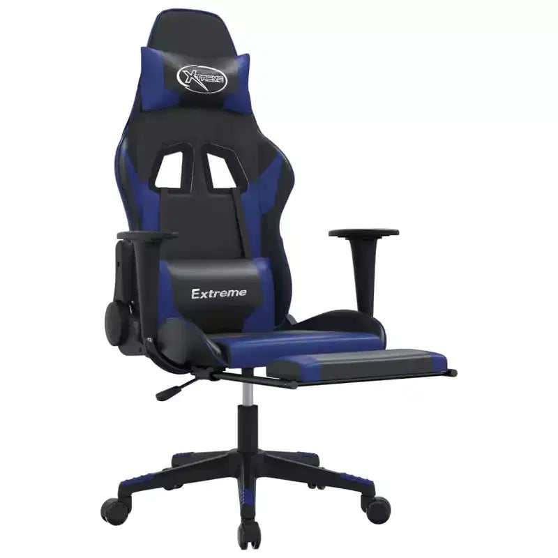 Sedia da gaming nera e blu in similpelle con poggiapiedi e massaggio, 1 persona
