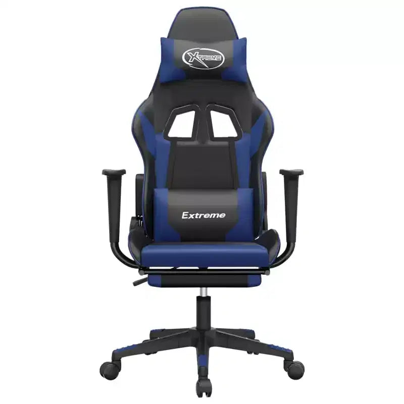 Sedia da gaming nera e blu in similpelle con poggiapiedi e massaggio, 1 persona