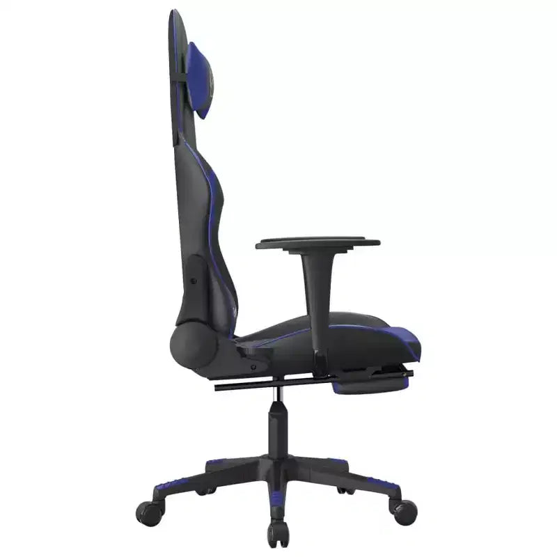 Sedia da gaming nera e blu in similpelle con poggiapiedi e massaggio, 1 persona