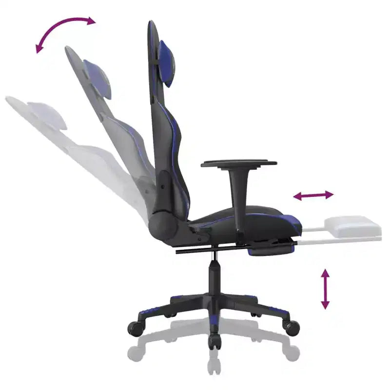 Sedia da gaming nera e blu in similpelle con poggiapiedi e massaggio, 1 persona