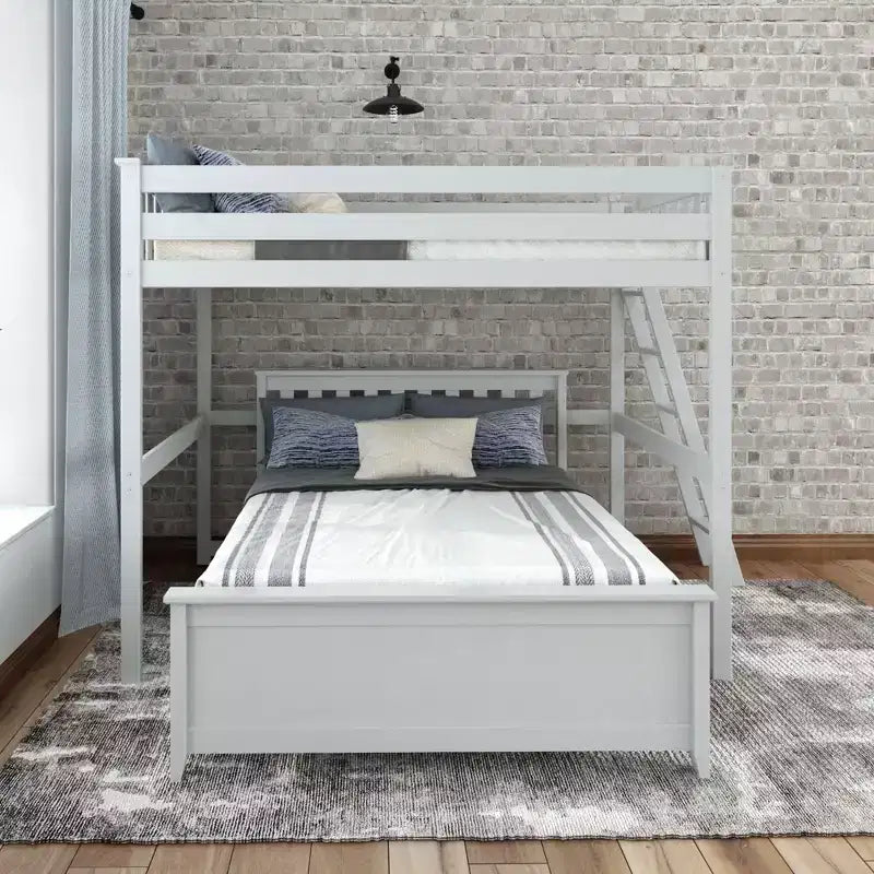 Letto a castello a L in legno naturale, a piazza e mezza superiore e inferiore, con scala laterale, 2 posti letto