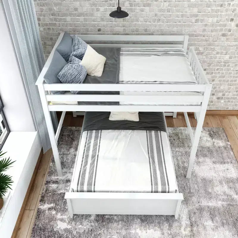 Letto a castello a L in legno naturale, a piazza e mezza superiore e inferiore, con scala laterale, 2 posti letto