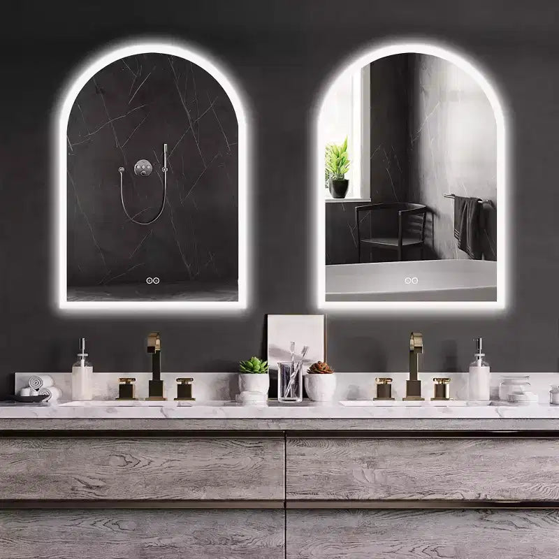 Specchio da bagno a LED con arco color argento con antiappannamento, montaggio a parete, 1 persona