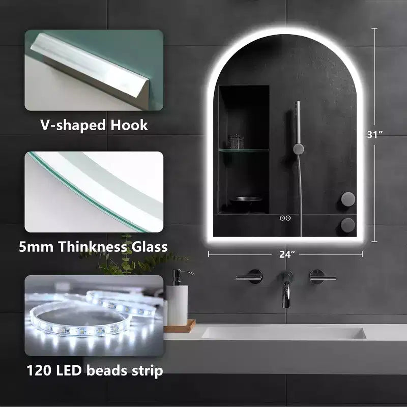 Specchio da bagno a LED con arco color argento con antiappannamento, montaggio a parete, 1 persona