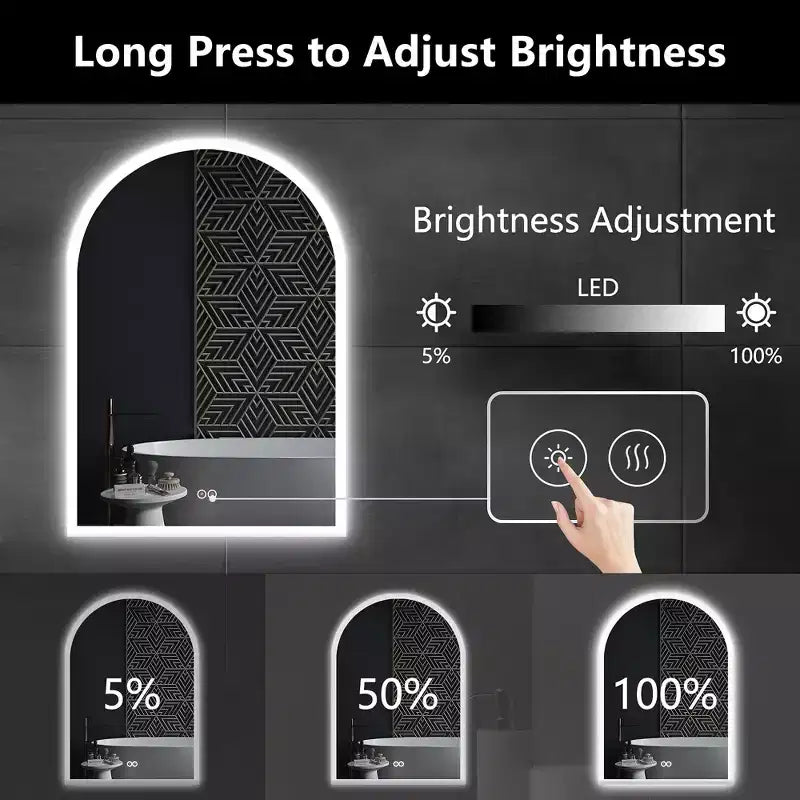 Specchio da bagno a LED con arco color argento con antiappannamento, montaggio a parete, 1 persona