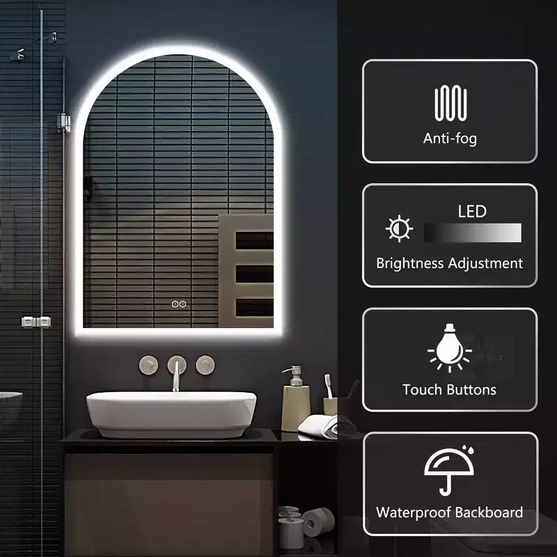 Specchio da bagno a LED con arco color argento con antiappannamento, montaggio a parete, 1 persona